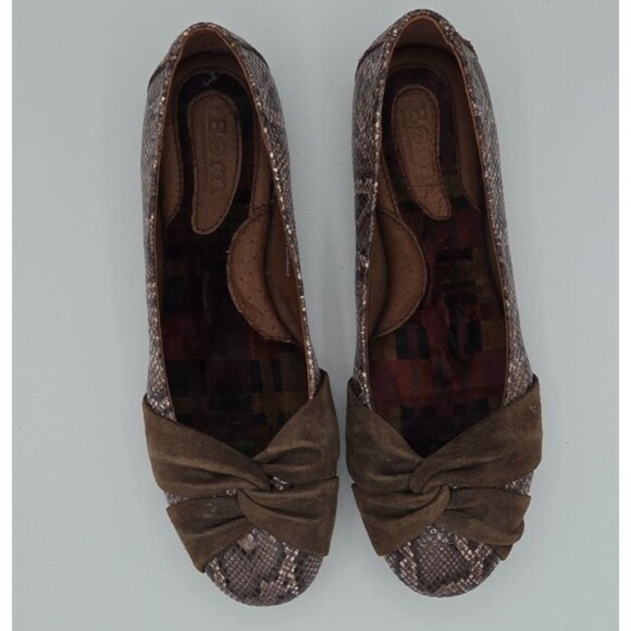 Born Women's Lilly Ballet Flat Size 8.5 Brown Snake Leather Suede Knot Bow Shoes - Picture 5 of 9